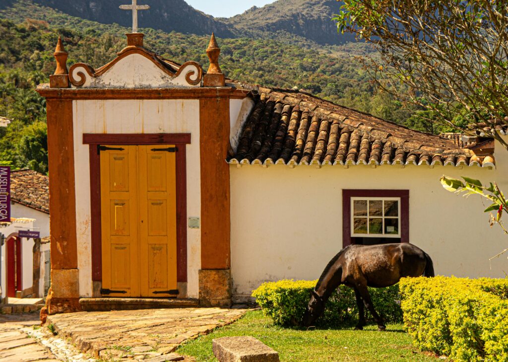 A picturesque rural village scene featuring traditional architecture and a grazing horse in a serene landscape.